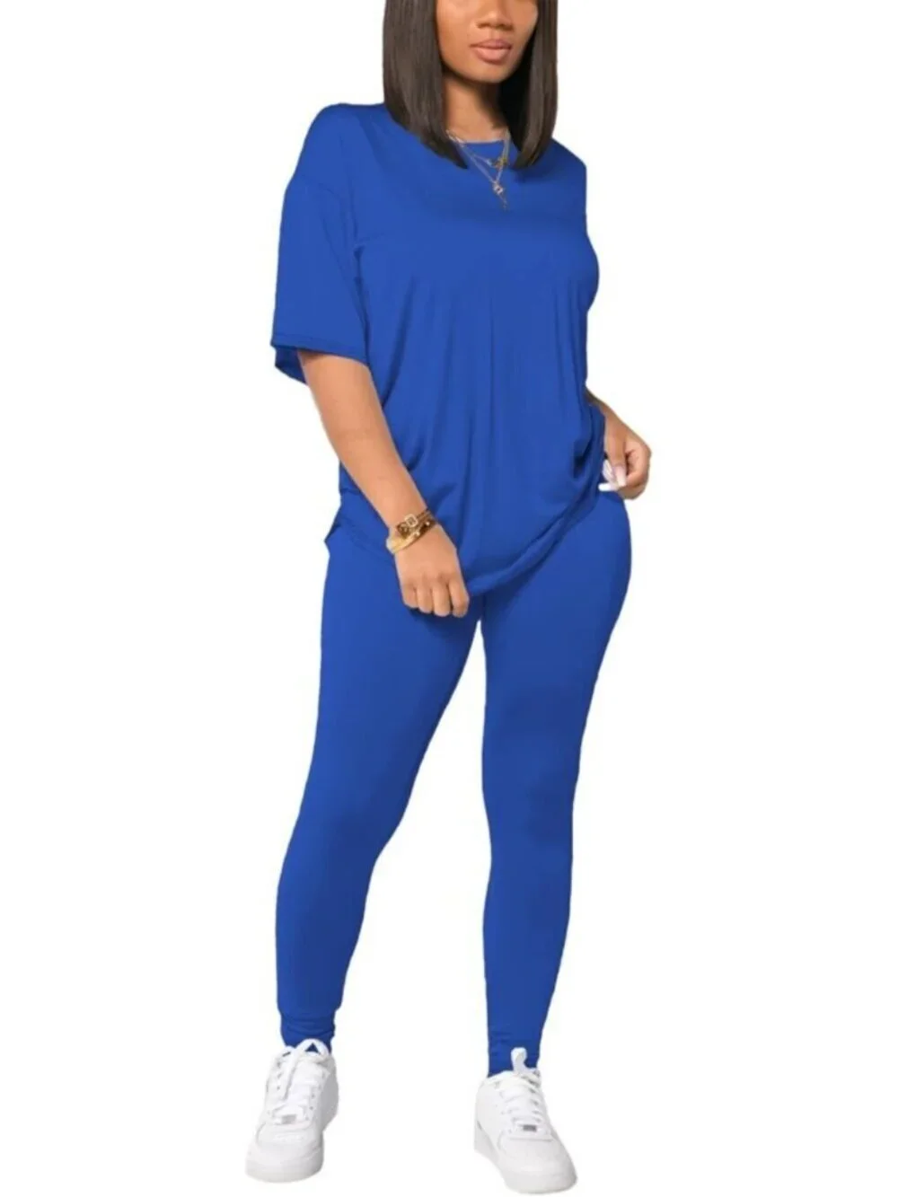 Women's Royal Blue 2 Piece Outfits Summer Sweatsuits Drop Shoulder Tracksuits